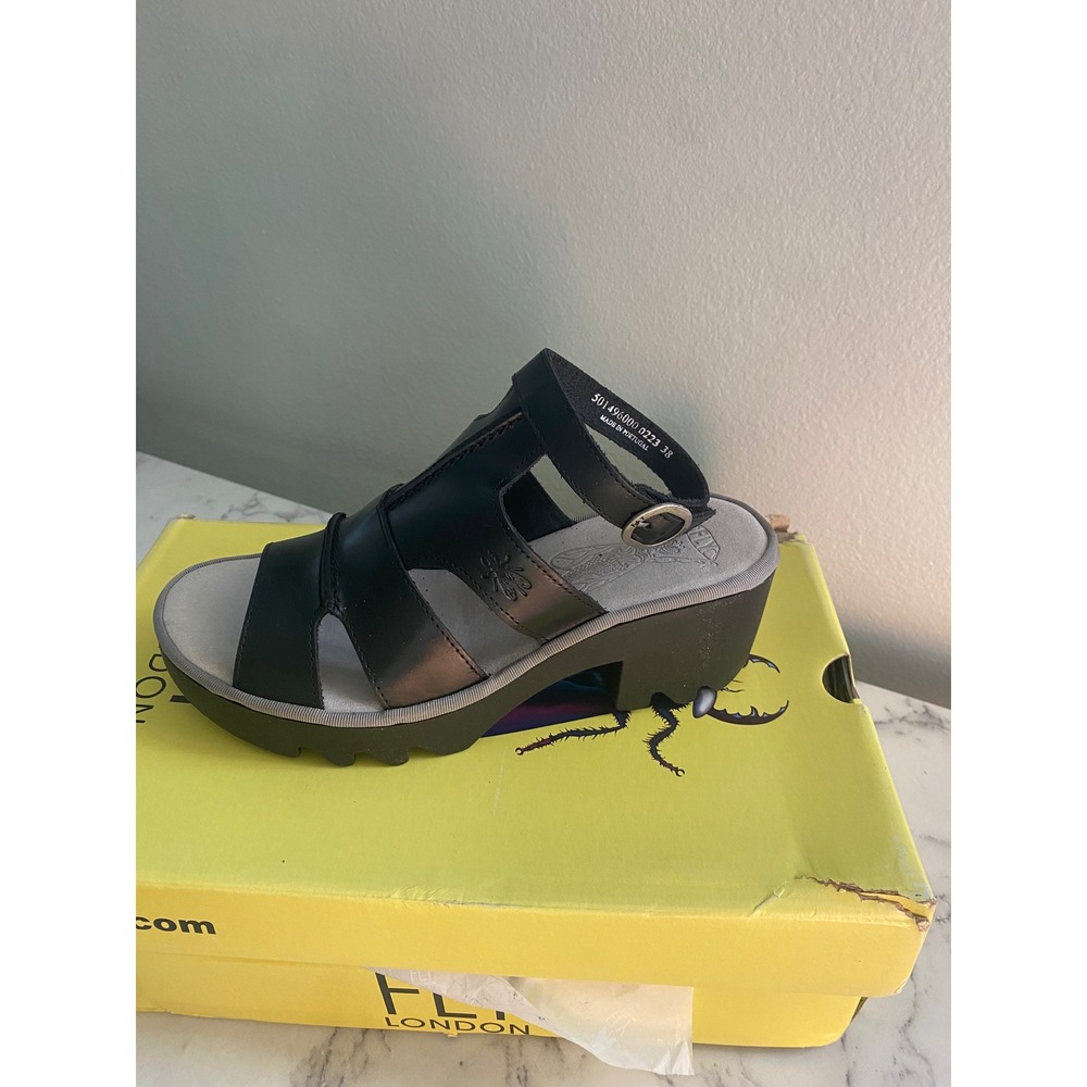 Fly London Black Leather Platform Sandals Buckle Strap Made in Portugal Size 38